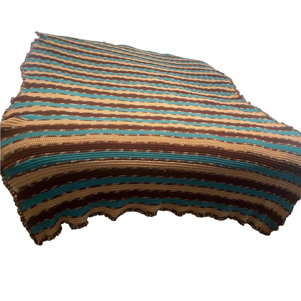 Handmade Crochet Striped Throw Blanket Brown Turquoise Tan Boho Afghan 109"X56"